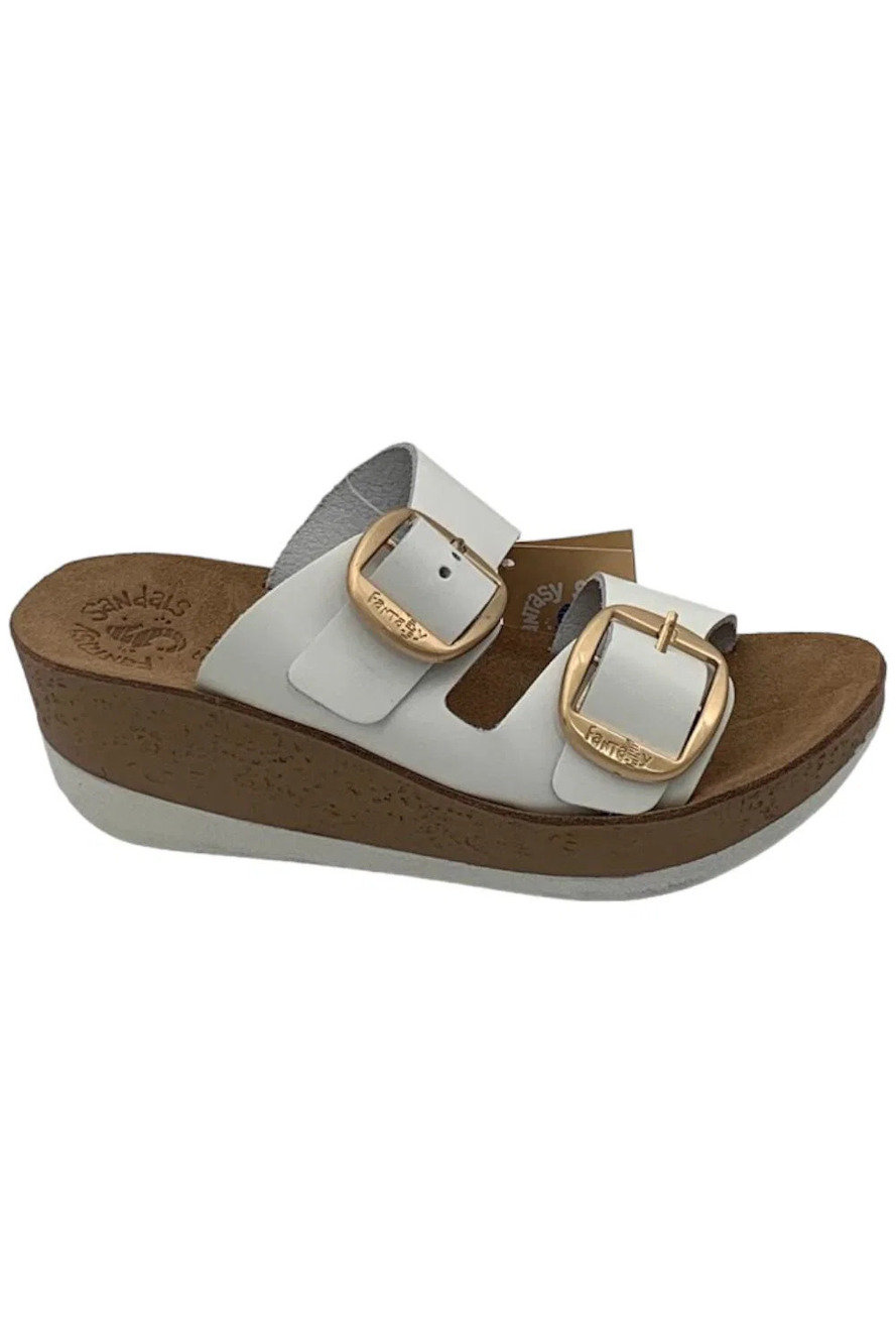 Fantasy Sandals Leather Buckle Wedge Sandals Helena White - Medium